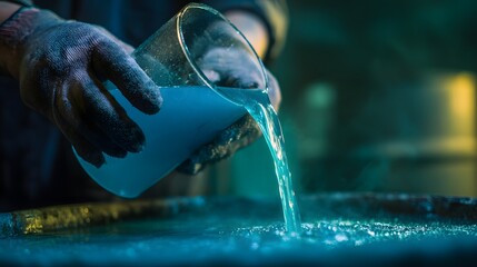 Scientist in protective gloves pouring glowing blue liquid in a laboratory.