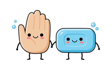 Cute smiling hand and soap bar characters holding hands, promoting hygiene and cleanliness
