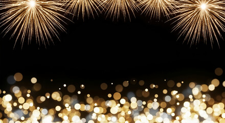 Golden fireworks and bokeh frame on black background. Festive New Year and Christmas celebration banner. Abstract gold pyrotechnics and blurred circles border