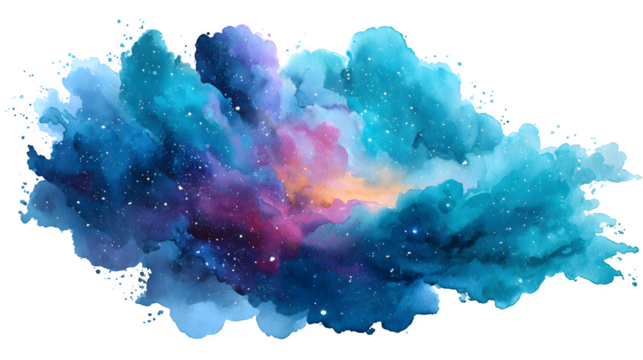 Cosmic watercolor nebula, isolated on transparent background