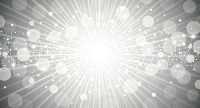 Silver abstract background with starburst and bokeh. Grey festive Christmas and New Year illustration. Magic winter holiday backdrop with rays and stars