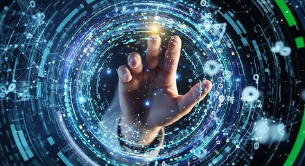 Hand Touching Glowing Digital Interface, Futuristic Technology Network Connecting Data and Information for Innovation.