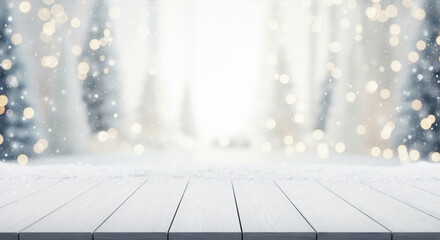 White wooden table podium for product display with blurred winter background. Snowy forest landscape with bokeh and fir trees. Festive Christmas and New Year holiday mockup