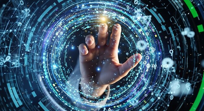 Hand Touching Glowing Digital Interface, Futuristic Technology Network Connecting Data and Information for Innovation. - Powered by Adobe
