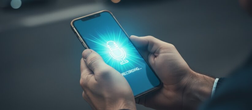 Man holding a smartphone with a prominent microphone icon and recording... Text displayed on the screen, indicating active audio capture or data surveillance