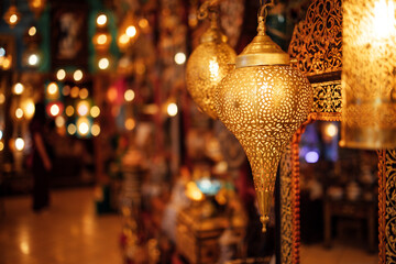 Ornate golden lanterns hang in a vibrant marketplace, casting warm light and intricate shadows, creating an enchanting atmosphere filled with cultural richness and artistic craftsmanship © Dasha Petrenko