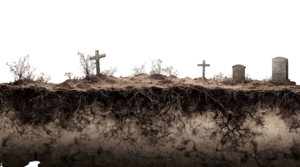Eerie graveyard scene with weathered tombstones and roots, perfect for Halloween designs, spooky book covers, gothic themes or dark fantasy projects