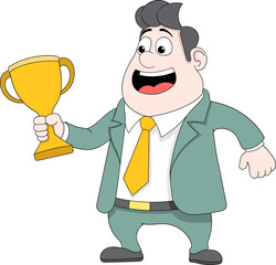 Businessman Celebrating Achievement While Holding a Golden Trophy in a Motivational Cartoon Illustration