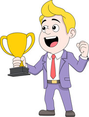 Businessman Holding a Golden Trophy While Celebrating Success in a Motivational Cartoon Illustration