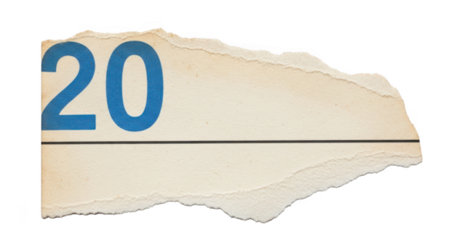 Torn paper with blue number 20 isolated on transparent background