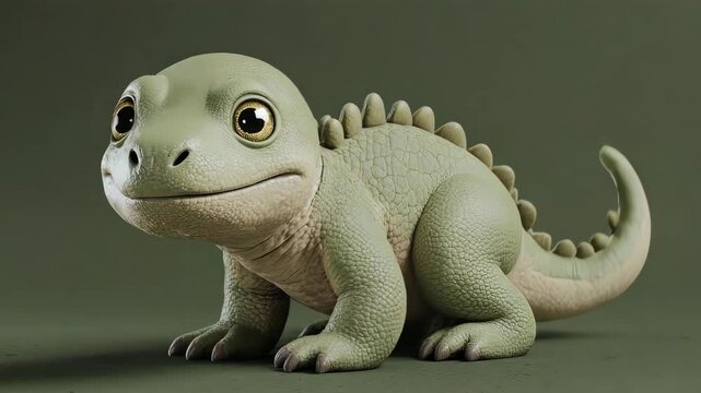 Small, cute, green dinosaur with big golden eyes, on a gray backdrop