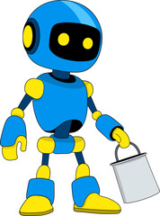 Household Assistant Robot Carrying Bucket in Friendly Cartoon Illustration