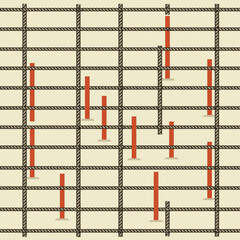 Abstract grid pattern with dark lines and scattered red vertical posts on a light background.