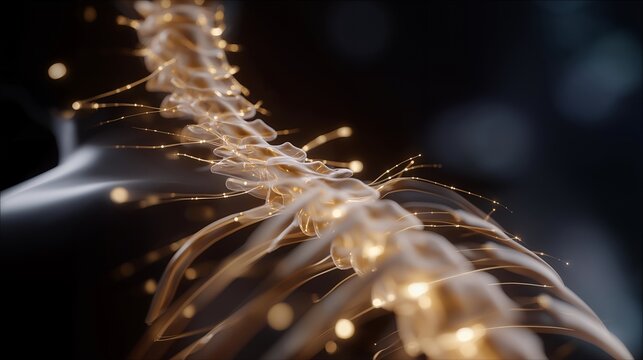 A digital rendering of a glowing human spine floating against a dark background, neural pathways branching like light trails — sci-fi medical concept, nervous system visualization, and futuristic - Powered by Adobe