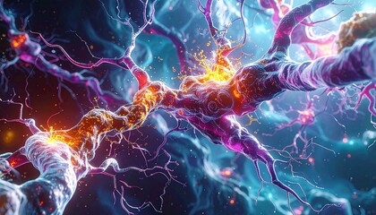 stylized nerve fiber axon myelin sheaths glowing mitochondria cellular biology vibrant textures neuroscience art --v 5 --ar 16:9