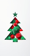 Obraz premium Christmas tree silhouette cut out of white paper with red and green folded fans inside. Festive holiday background with star decoration. New Year greeting card concept