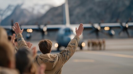 A deployment send-off scene on a windy tarmac, service members boarding a transport aircraft while families wave from behind a barrier — heartfelt military farewell, emotional resilience, and