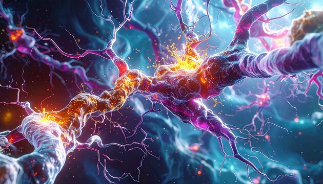 stylized nerve fiber axon myelin sheaths glowing mitochondria cellular biology vibrant textures neuroscience art --v 5 --ar 16:9