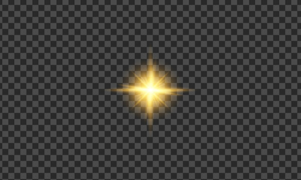 Gold glow star with light glowing effect and transparent sun rays overlay background