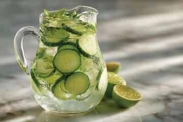 Refreshing Cucumber Water with Fresh Slices in Glass Jug