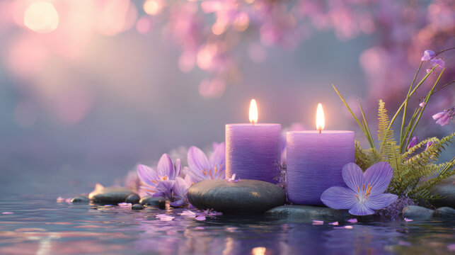 Serene spa scene with two pastel purple candles glowing beside smooth stones and delicate purple flowers, soft bokeh light and calming water reflections creating peaceful, soothing atmosphere