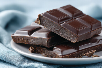 Dark Chocolate Pieces on White Plate, Minimalistic Style