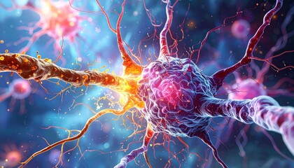 stylized nerve fiber axon myelin sheaths glowing mitochondria cellular biology vibrant textures neuroscience art --v 5 --ar 16:9