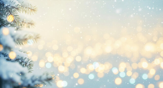 Christmas background with snow covered pine branch and golden bokeh. Winter holiday banner with evergreen tree and snowfall. New Year greeting card template with frost and abstract defocus