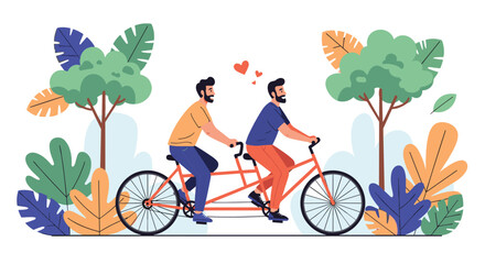 Happy gay couple with beards ride a tandem bicycle together through a lush green park with colorful foliage and small hearts.