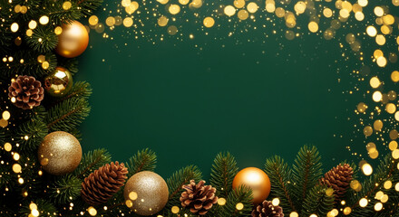 Christmas background with gold baubles and pine branches on dark green. Festive holiday border with fir cones and golden glitter. New Year greeting card template