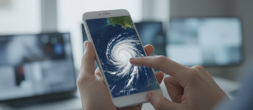 Hands holding smartphone displaying a satellite weather map with a hurricane, tracking storm data for risk management and disaster preparedness using mobile technology - Powered by Adobe