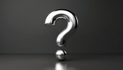 Naklejka premium Shiny chrome question mark floats above sphere on gray studio surface. Abstract symbol represents query, thought, or mystery. Minimalist 3D graphic.
