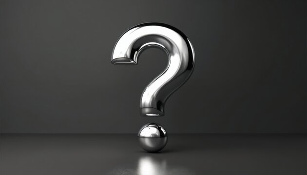Shiny chrome question mark floats above sphere on gray studio surface. Abstract symbol represents query, thought, or mystery. Minimalist 3D graphic.