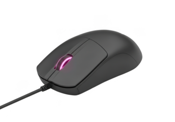 Gray gaming mouse with pink light isolated on transparent background for gaming design and computer use