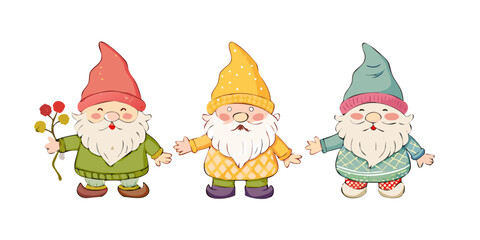Fototapeta premium Set of three Garden gnomes. Hand drawn modern Vector isolated illustrations. Poster, card, print, design template. Cute fairy tale characters. Garden elf. Cartoon style .vector icon