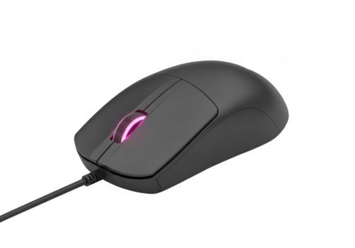 Gray gaming mouse with pink light isolated on transparent background for gaming design and computer use