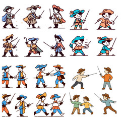 Naklejka premium Boys playing Musketeers with swords in colorful cartoon style 