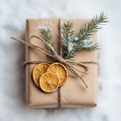 Eco-friendly Christmas gift wrapping with rustic brown paper, jute twine, pine sprig and dried orange slices for sustainable branding, packaging design, festive marketing

