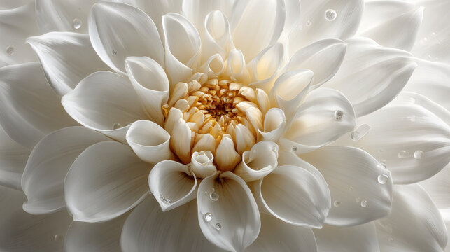Close-up of a stunning white dahlia flower with water droplets. This beautiful dahlia showcases delicate petals and a vibrant center, perfect for various creative projects - Powered by Adobe