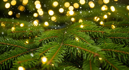 Christmas tree branch with falling snow and warm bokeh illumination. Winter holiday background with green spruce and gold LED garland