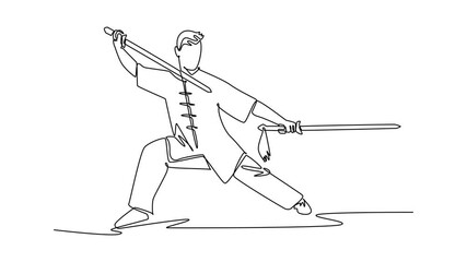 Self drawing animation single line draw man Wushu athlete poised in dynamic bow stance, wielding twin swords in defensive and offensive guard. Power discipline. Continuous line. Full length animated