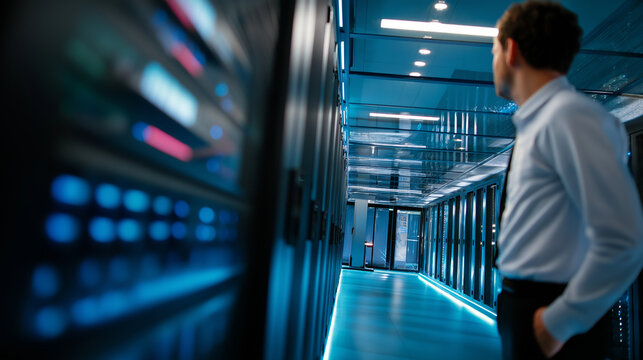 Defocused data center worker while sharp detailed server corridor with vivid blue illumination stays in focus, with copy space