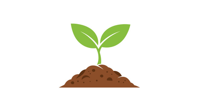 A simple illustration of a green seedling growing from a pile of brown soil.