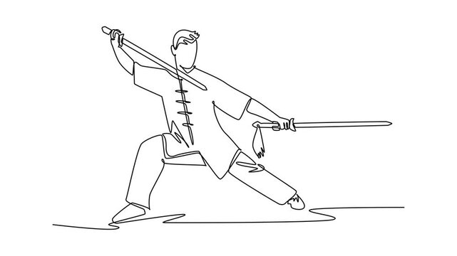 Self drawing animation single line draw man Wushu athlete poised in dynamic bow stance, wielding twin swords in defensive and offensive guard. Power discipline. Continuous line. Full length animated