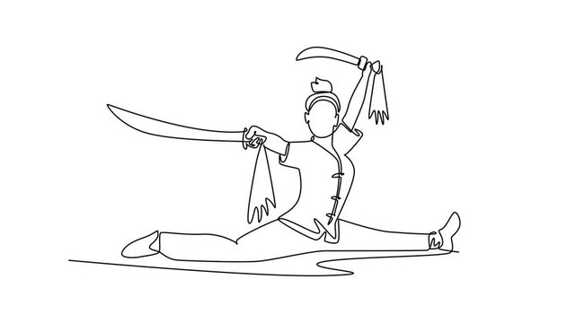 Self drawing animation single line draw woman Wushu athlete performing full split while wielding twin swords. Complex flexibility, balance, and discipline form. Continuous line. Full length animated