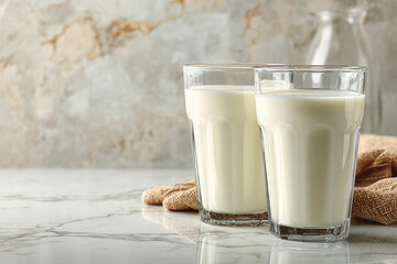 Minimalist Kitchen Scene with Glass Milk Cups on Marble Countertop