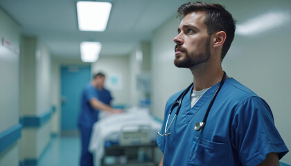 Doctor in blue scrubs with stethoscope stands in hospital corridor. Another medic pushes patient bed. Busy medical facility scene indoors. Healthcare work day.