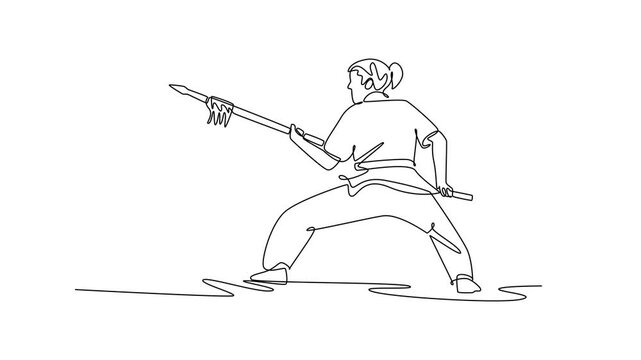 Self drawing animation of single line draw woman Wushu athlete poised in low stance, holding spear in powerful guard. Discipline, strength, and focus form. Continuous line draw. Full length animated