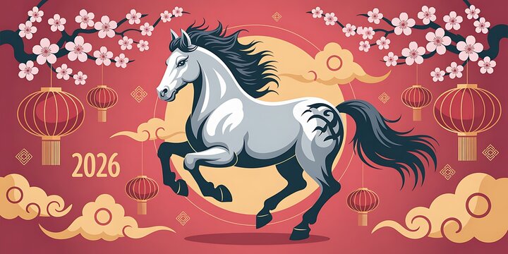 Dynamic Illustration for Chinese New Year 2026 Majestic Zodiac Horse, Cherry Blossoms and Traditional Red Lanterns