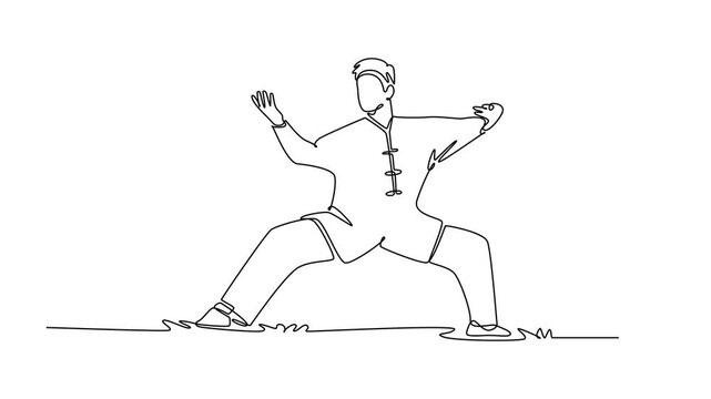 Animated self drawing of continuous line draw man Wushu athlete is in low, horse stance with arms extended in defensive or offensive pose. Power, balance, discipline. Full length single line animation